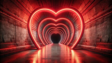 Poster - Valentine's Day:  Romantic Red Neon Heart in Tunnel - Tilt-Shift Photography