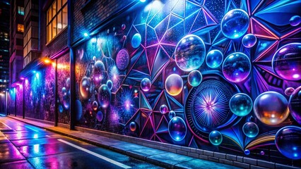 Poster - Vibrant Geometric Mural Night Photography: Bubbles & Urban Art
