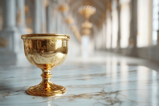 Golden chalice in a grand architectural setting.