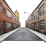 Urban alleyway, aged brick buildings, empty street