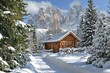 © hocine - Cozy wooden cabin nestled in a winter wonderland surrounded by tall snow-covered trees and majestic mountain peaks under a bright blue sky