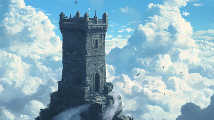 Wall Mural - Historic stone tower against a backdrop of blue sky and drifting clouds. [Gravity Shrines] | Orbital Relicscape | drifting monument. Illustration