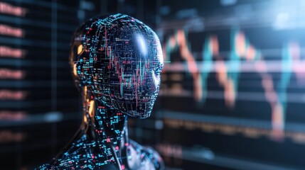 Poster - A futuristic female robot with data patterns on her face stands before stock market trading charts display.