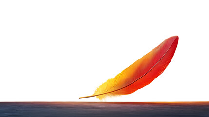 Poster - Vibrant Feather Gliding Across a Smooth Surface with Warm Hues and Gentle Reflections