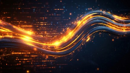 Poster - Abstract golden glowing fiber optics flowing on a dark backdrop represents futuristic data transmission.