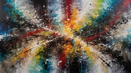 Poster - Abstract explosion of color in dynamic radial composition with gestural brushwork creates energy.