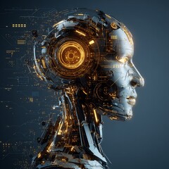 Poster - Futuristic Humanoid Head with Intricate Circuitry and Luminous Details Design