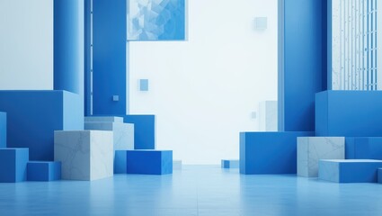 Wall Mural - Contemporary Interior Space Featuring Geometric Blue Shapes and Minimalist Design Elements