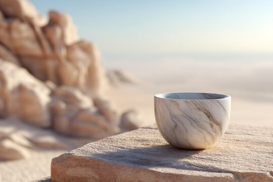 Elegant, marble-patterned bowl set against a desert landscape.