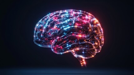 Poster - Abstract glowing brain with interconnected nodes and lines representing neural network connectivity well rendered.