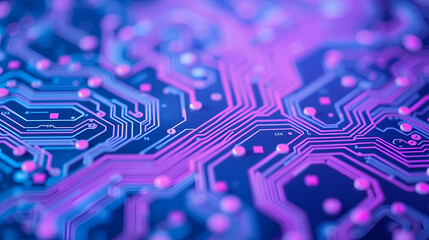 Computer circuit board design with blue and pink abstract background for technology and digital themes