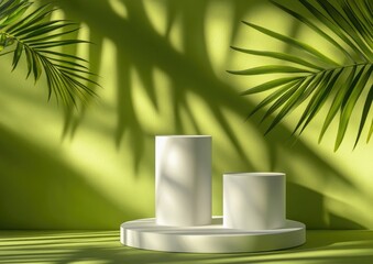 Aufkleber - White cylindrical display stands on a green background, adorned with tropical palm leaves and sunlight shadows