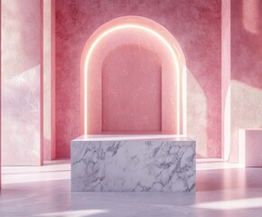Aufkleber - Marble podium in a pink arched room with soft lighting