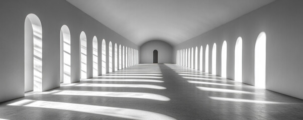 Poster - A long, narrow room with a lot of windows. The room is very empty and has a very clean, minimalist look