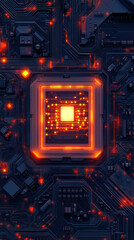 Poster - A close up of a computer chip with a yellow light on it. The image is a digital rendering of a computer chip, with the yellow light representing the processor. The image has a futuristic