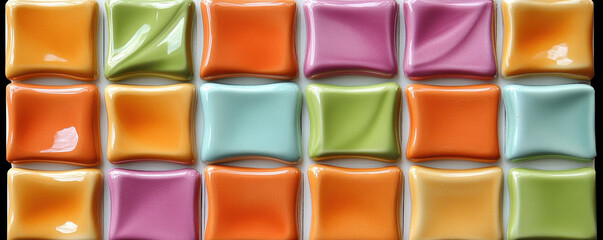 Poster - A colorful tile wall with a rainbow of colors. The tiles are arranged in a grid pattern, with each tile having a different color. Scene is cheerful and vibrant
