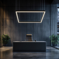 Poster - A black office with a desk and chair, and a potted plant. The room is dimly lit, giving it a serious and professional atmosphere