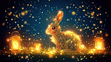 Poster - A rabbit is sitting in a field of lights and lanterns. The scene is warm and inviting, with the rabbit standing out as the focal point