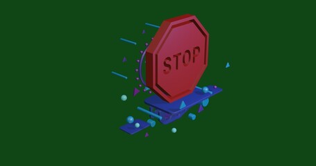 Poster - Red stop road sign on a pedestal of abstract geometric shapes floating in the air. Abstract concept art with flying shapes in the center. 3d illustration on green background