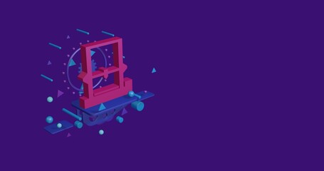 Poster - Pink 3D printer symbol on a pedestal of abstract geometric shapes floating in the air. Abstract concept art with flying shapes on the left. 3d illustration on deep purple background