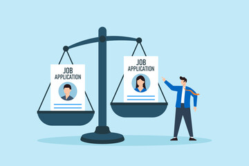 Poster - Flat illustration of human resource manager comparing job applications on balance scale to evaluate top candidate for HR recruitment and vacancy selection process