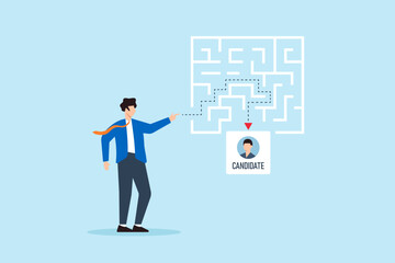 Poster - Flat illustration of human resource manager guiding candidate along dotted path through maze representing onboarding journey and recruitment process in corporate hiring