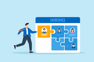 Poster - Flat illustration of human resource manager inserting candidate profile into empty job puzzle slot on hiring dashboard to complete recruitment structure