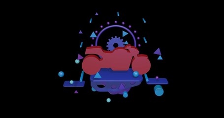 Poster - Red bike symbol on a pedestal of abstract geometric shapes floating in the air. Abstract concept art with flying shapes in the center. 3d illustration on black background