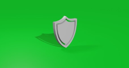 Poster - Isolated realistic white shield symbol front view with shadow. 3d illustration on green chroma key background