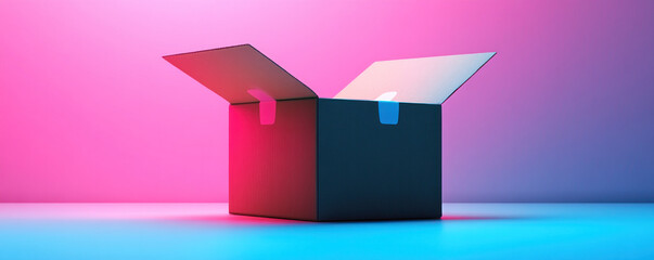 Poster - A cardboard box is open and sitting on a table. The box is empty and the table is blue