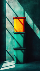 Poster - Three green and yellow containers are stacked on top of each other. The containers are placed in front of a window, which is casting a shadow on the wall
