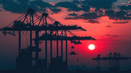 Poster - A sunset over a city skyline with a large crane in the foreground. The crane is silhouetted against the orange sky, creating a dramatic and beautiful scene