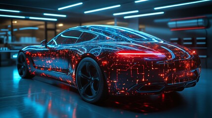 Poster - Advanced vehicle in a futuristic garage, surface alive with reactive digital patterns pulsing with AI energy and innovation