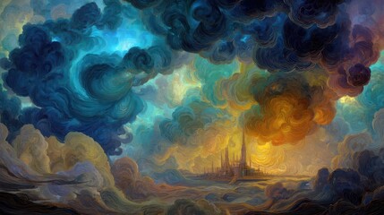 Poster - A vibrant, textured landscape painted with swirling clouds.