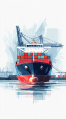 Poster - A large red and blue ship is in the water. The ship is surrounded by a lot of other smaller ships. Scene is one of busyness and activity, as the large ship is surrounded by many smaller ships