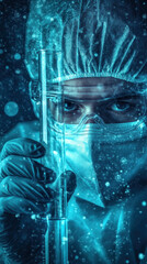 Poster - A man in a lab coat holding a glass beaker. The image has a futuristic feel to it