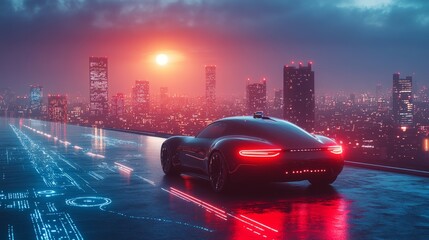 Poster - Driverless car under a moonlit sky, traveling a digitally mapped road through minimal urban structures with ambient lights