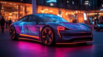 Poster - Electric concept car glowing with interactive digital waves, parked in a high-tech urban square under ambient lighting
