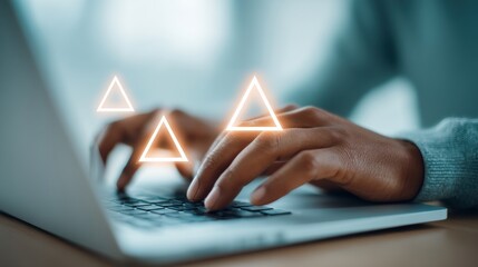 Leinwandbilder - Immersive Cybersecurity Alert Holographic Warning Triangles Illuminating Digital Workspace Resilience for Modern Enterprise Risk Management