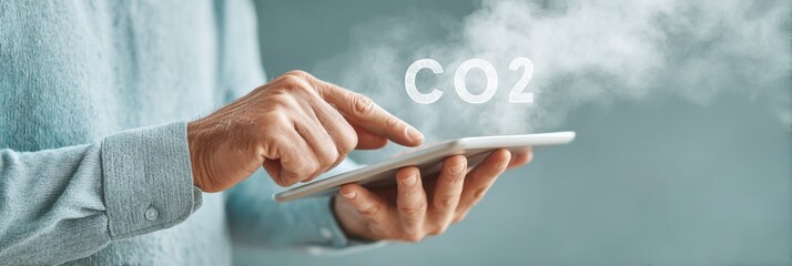Aufkleber - Sustainable Digital Innovation Climate-Smart Executive Analyzing Carbon Emissions with Augmented Reality Tablet Interface - Next-Gen Environmental Strategy Visualization