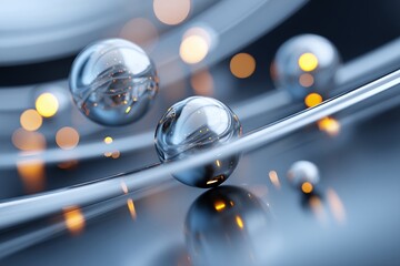Fototapete - Abstract Metallic Spheres and Glowing Lines on Dark Background