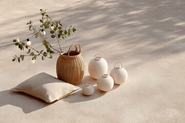 Poster - Minimalist Zen Sanctuary Serene Woven Basket and Ceramic Lanterns Creating Tranquil Wellness Aesthetic for Modern Mindful Living Spaces