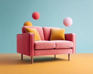 Aufkleber - Pastel Pop Loveseat Vibrant Mid-Century Modern Design for Contemporary Living Spaces - Minimalist Comfort Meets Playful Color Blocking in Stylish Home Furnishing