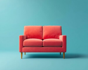 Poster - Mid-Century Modern Coral Loveseat Minimalist Living Room Design with Vibrant Color Pop - Compact Urban Furniture for Contemporary Lifestyle Spaces