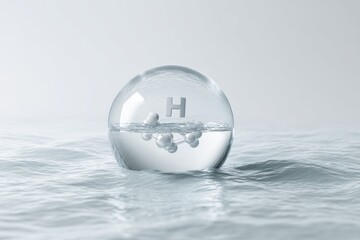 Poster - Futuristic Hydrogen Innovation Crystalline H2 Molecular Sphere Floating on Ethereal Water - Next-Gen Clean Energy Visualization for Climate Solutions