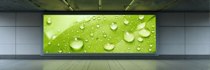 Poster - Eco-Minimalist Urban Digital Display Vibrant Green Water Droplet Visualization Transforming Public Transit Space with Sustainable Wellness Design Narrative