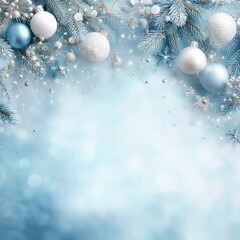 Poster - Ethereal Winter Wonderland Frost-Inspired Festive Backdrop with Elegant Pale Blue Ornaments and Sparkling Pine for Corporate Holiday Branding