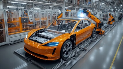 Poster - Modern electric vehicle plant with fully automated welding robots constructing chassis, wide elevated 3D view