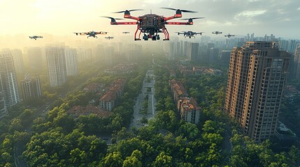 Poster - Next-gen air traffic center guiding intelligent drone fleets flying between buildings in a clean, structured smart city