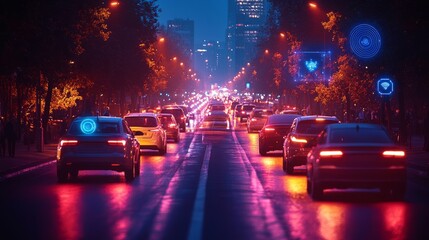 Poster - Night traffic in a connected smart city with AI vision systems illuminating car routes, object detection overlays visible